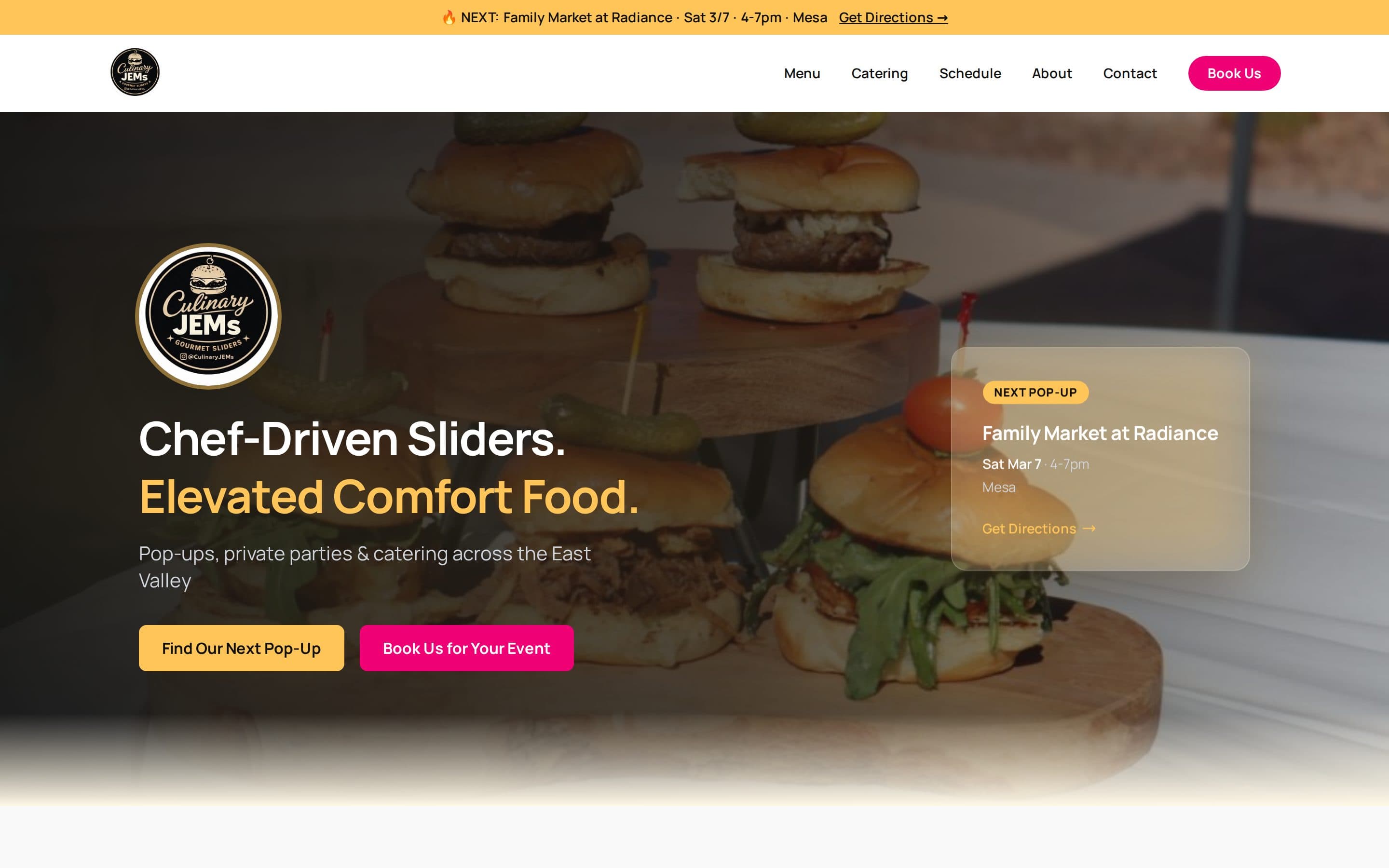 Culinary JEMs homepage: chef-driven sliders hero with pop-up schedule