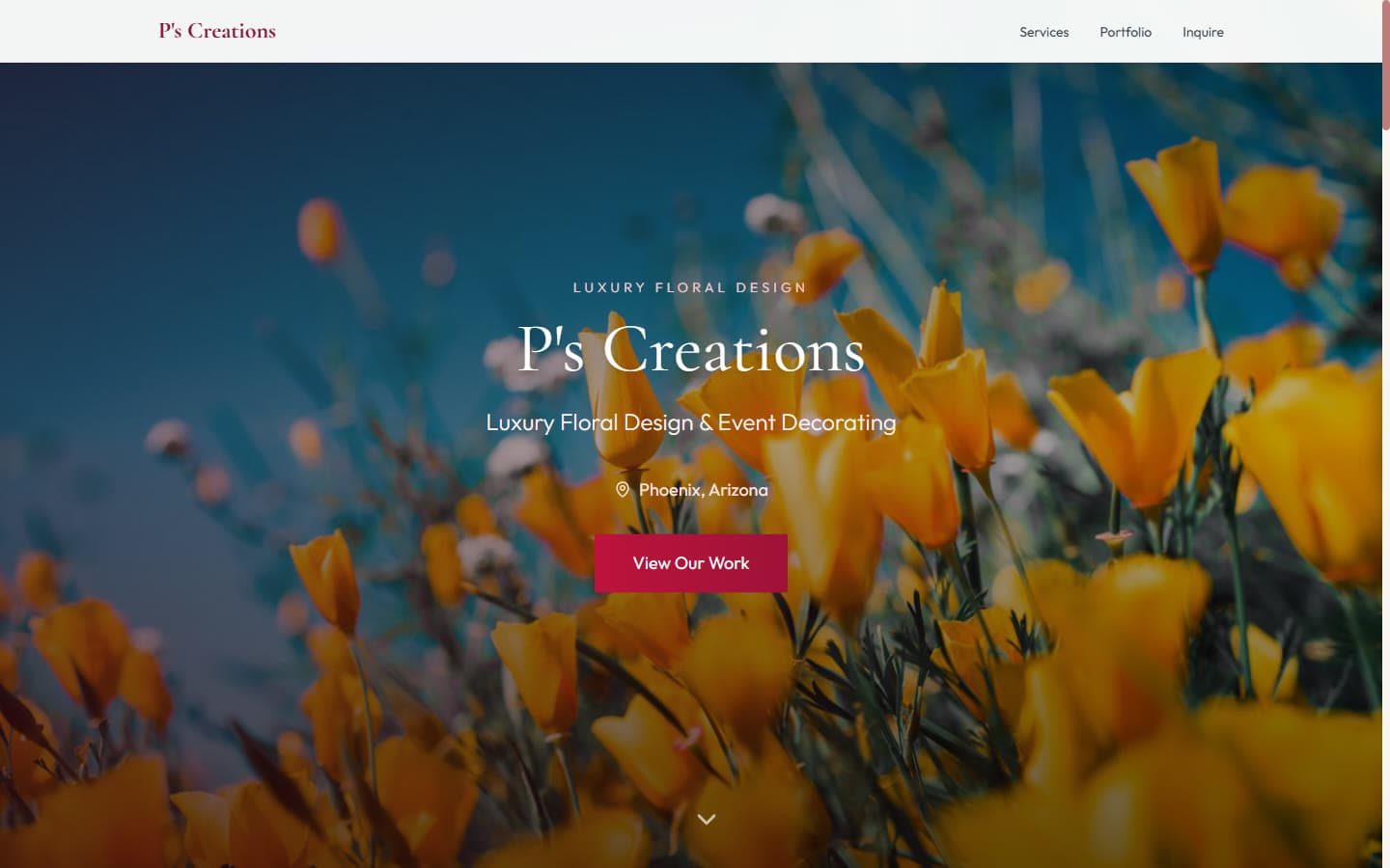 P's Creations homepage: luxury floral design hero